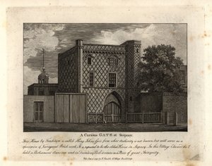 En nysgerrig port i broget murværk kaldet St John Gate, det ældste hus i Stepney af John Thomas Smith