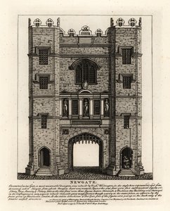Newgate, genopbygget i 1672 efter branden i London, med tre figurer Retfærdighed, Fortitude og Prudence fra den tidligere port bygget af Londons borgmester Richard Wittington af John Thomas Smith