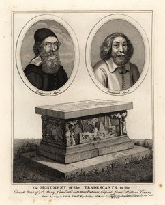 Ovale portrætter af naturforskere og samlere John Tradescant den ældre og yngre, og deres gravmonument på kirkegården St. Mary Lambeth af John Thomas Smith