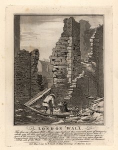 Ruiner af den romerske London-mur blotlagt ved branden i maj 1792 på Ludgate Hill af John Thomas Smith