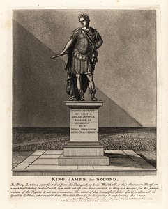 Statue af kong James II af England i kostume som en romersk kejser, Jacobus Seundus, designet af Grinlin Gibbons, i Privy Gardens