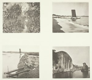 En landevej nær Taiwanfu, en katamaran, kædepumper, steninskriptioner, Amoy, ca. 1868. af John Thomson