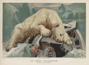 En arktisk udforskning: en isbjørn, der undersøger genstande fra en arktisk ekspedition (chromolitho) af John Trivett Nettleship