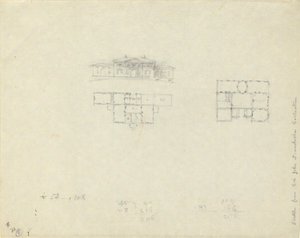 Opstalt og grundplan for stort hus af John Trumbull