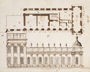 Castle Howard, Yorkshire: An Early Design for the three Bays of the Elevation of the South eller Garden Front og ni Bay enkelt-etagers lavere laterale vinger med en indsat grundplan, ca. 1699 (pen af John Vanbrugh