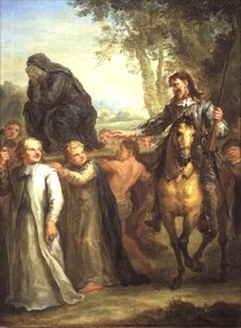 Don Quixote tager fejl af en statue af Jomfru Maria, der bliver båret i procession, som en kvinde taget mod sin vilje, fra Cervantes