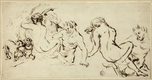 Skitser af nymfe, satyr og putto af John Vanderbank