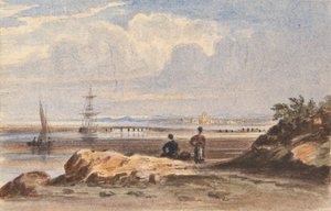 Strand med to figurer og en fjern by af John Varley