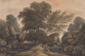 Figurer ved siden af et vandfald og en pool i et skovklædt landskab, 1812.