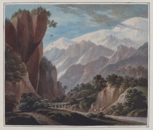 Opstigning fra Sallanches-dalen til Chamonix, ca. 1781 (akvarel, blyant og tyggegummi arabisk på papir) af John Warwick Smith