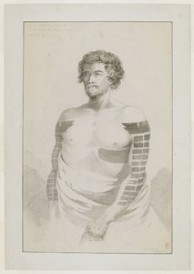 (Hel tegning) Portræt af en høvding fra Borabora, [Puni?]; en skægget mand med arme stærkt tatoveret med flade rektangulære pletter og et stort plaster på venstre side. december 1777 af John Webber