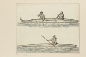 30: Canoes of Onalaska, fra en række akvareller, der illustrerer Captain Cooks sidste rejse, ca. 1773-84 (wc på papir) af John Webber