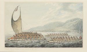 35: Tereoboo, King of Owyhee, bringer gaver til Captain Cook, fra en række akvareller, der illustrerer Captain Cooks sidste rejse, ca. 1773-84 (akvarel på papir) af John Webber