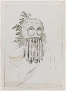 En mand fra Sandwichøerne i en maske. En mand fra Sandwichøerne i en maske bestående af en skålhovedbeklædning med udskæringer til øjnene. af John Webber