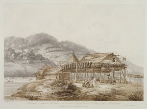 Balagans eller sommerhabitter, med metoden til at tørre fisk på St. Peter og Paul, Kamtschatka, fra 