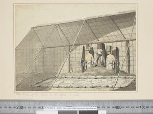 F.18 Indersiden af huset, i Morai, i Atooi, ca. 1773-84 (akvarel) af John Webber