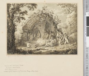 F.43 Indfødte i det indre af en hytte, ca. 1783-84 (akvarel) af John Webber