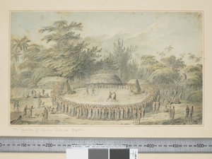 F.4 Modtagelsen af kaptajn Cook i Hapaee, ca. 1773-84 (akvarel- og trykgraveringer) af John Webber
