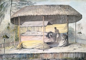Begravelse med afdøde under baldakin, Tahiti, Society Islands, akvarel af John Webber (1750-1793) fra beskrivelse af kaptajn James Cooks sidste rejse (1776-1779), Polynesien af John Webber