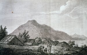 Inde i hippah på øen Motuara, baseret på tegning af John Webber (1750-1793), fra beretningen om James Cooks sidste rejse (1776-1779). gravering af John Webber
