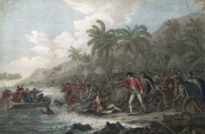 Kaptajn James Cook (1728-1779, britisk opdagelsesrejsende) dræbt af Hawaiian indfødte i Kealakekua Bay, på Sandwichøerne (Polynesien), i 1779 - Kaptajn James Cooks død den 14. februar