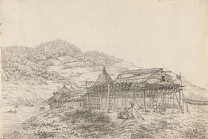 Balaganerne eller sommerboerne, med metoden til at tørre fisk, ved St. Peter og Paul, Kamtschatka af John Webber