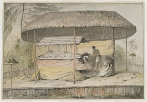 Waheiadooa, Chief of Oheitepeha, liggende i staten, optaget af kaptajn Cook under hans besøg i Tahiti den 19. august 1777. En begravelsesscene støtter det indhyllede lig og en ledsager. De ligger i læ af en markise med græstag, og omgivet af et lavt p af John Webber