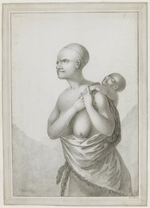 [Hele tegningen] En tasmansk kvinde, der bærer et barn på ryggen, med en hud slynget fra hendes venstre skulder omkring hendes talje. januar 1777 af John Webber