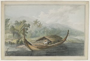 [Hele tegningen] En kano af Ulietea [Raiatea]. En mand med indfødte kurve sidder på plankerne af en udrigger 