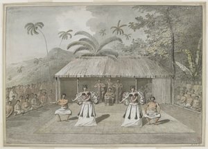 [Hele tegningen] En dans eller heiva på Otaheite [Tahiti]. To mænd og to kvinder danser med trommeslagere bagved og tilskuere på begge sider. september 1777 af John Webber