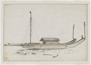 [Hele tegning] En dobbelt rejsekano af Otaheite [Tahiti] med detaljeret udskæring af John Webber