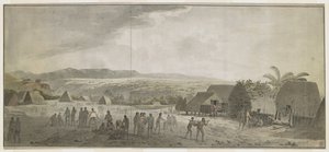 [Hele tegningen] Tegning af kaptajn Cooks besøg i landsbyen Waimea, Atooi [Kauai], januar 1778. Nogle mænd ruller tønder, andre bytter med hawaiianere. Til højre to indfødte, der bærer en gris spændt til en pæl. Bag dem, indfødte hytter, og s af John Webber
