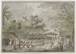 [Hel tegning] Menneskeofring ved den store morai ved Attahouroo [Utuaimahurau], Tahiti, bevidnet af kaptajn Cook den 1. september 1777. En bundet skikkelse i forgrunden med mænd, der graver et hul til kroppen bagved, og hvad der indeholdt to hunde og thr af John Webber