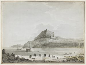 [Hele tegningen] Udsigt over Christmas Harbour, Kerguelen Island, med opdagelsen og opløsningen for anker. To skibsbåde er ude, den ene lander sømænd på kysten. I forgrunden tyve pingviner i grupper og en søløve. 25-30 december 1776 af John Webber