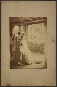 [Kvinde i lang stribet kjole sidder inde i rummet]. af John Whistler