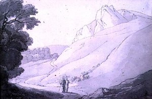 Et bakkelandskab med to figurer (pen, blæk og akvarel)