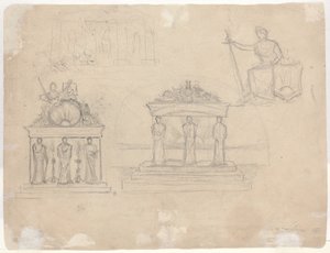 Studier af klassiske tempelfacader og siddende kvindefigur [verso] af John William Casilear