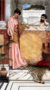 "Par i oldtiden, i en adelsmands villa (romersk), manden ser ud til at vente på kvindens svar. Maleri af John William Godward (1861-1922) 1889 Privat samling af John William Godward