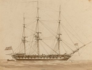 A British frigate riding on her anchordani af John Wilson Carmichael