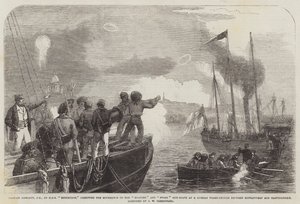 Kaptajn Hewlett, CB, fra HMS Edinburgh, dirigerer Snapper- og Stork-kanonbådenes bevægelser mod en russisk tre-dækker mellem Gustafsvern og Bartholomew af John Wilson Carmichael