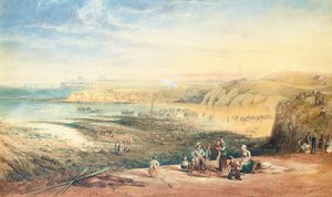 Cullercoats ser mod Tynemouth, Northumberland, med fiskere i forgrunden, 1836 af John Wilson Carmichael