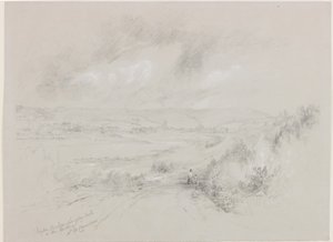 Haydon Bridge, Langley Castle in the Distance (bc og blyant på papir) af John Wilson Carmichael
