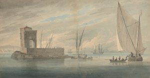Italiensk kystscene med Island Shipping af John Wilson Carmichael