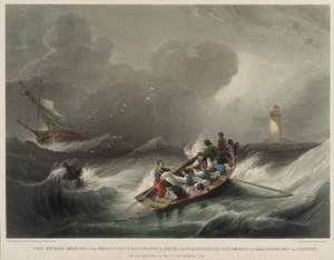 Grace Darlings og hendes fars heroiske redning af passagerer og besætning på dampskibet Forfarshire om morgenen den 7. september. af John Wilson Carmichael