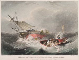 Forliset af dampskibet Forfarshire på klipperne ved Farneøerne (England), som det så ud ved solopgang den 7. september. af John Wilson Carmichael
