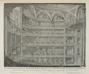 Interiør af Late Theatre Royal, Drury Lane, i London, bygget af Henry Holland, 1794, ødelagt af brand i 1809, indgraveret af Dale, 1820 af John Winston