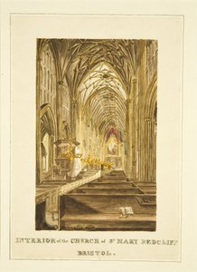 Udsigt over Center Aisle of St Mary Redcliffe, ser mod øst, viser Hogarth altertavlen, ca. 1824 (blyant og akvarel på papir) af John Withers