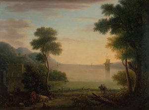 Klassisk landskab med figurer og dyr: Solnedgang