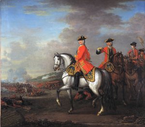 Kong George II (1683-1760) i slaget ved Dettingen med hertugen af Cumberland og Robert, 4. jarl af Holderness, 27. juni 1743, ca. 1743