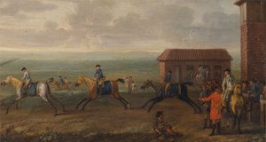 Lord Portmore ser på væddeløbsheste til træning på Newmarket Heath af John Wootton